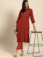 All About You Women Red Floral Embroidered Regular Thread Work Kurta with Trousers | Grocsy