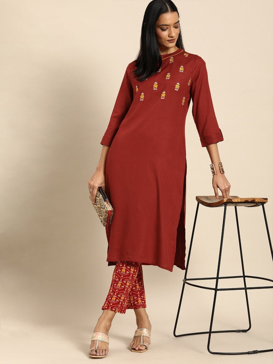 All About You Women Red Floral Embroidered Regular Thread Work Kurta with Trousers | Grocsy