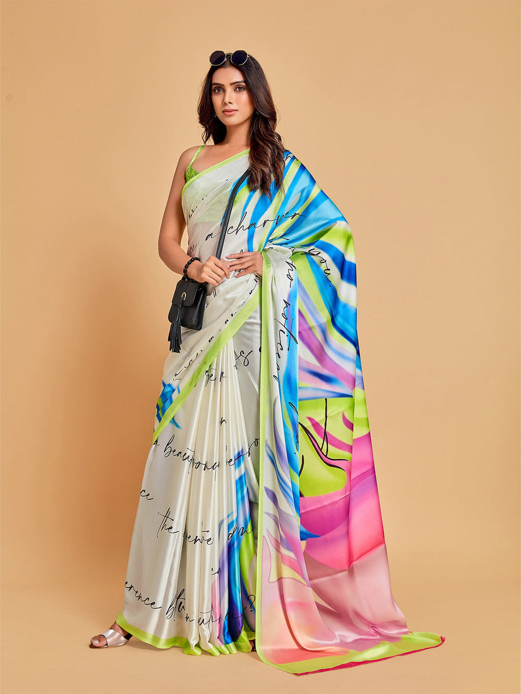 Sangria White & Blue Satin Saree | Grocsy