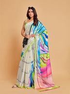 Sangria White & Blue Satin Saree | Grocsy