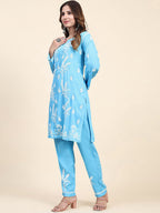 HOUSE OF KARI Floral Embroidered Chikankari Pure Cotton Straight Kurta With Trousers | Grocsy