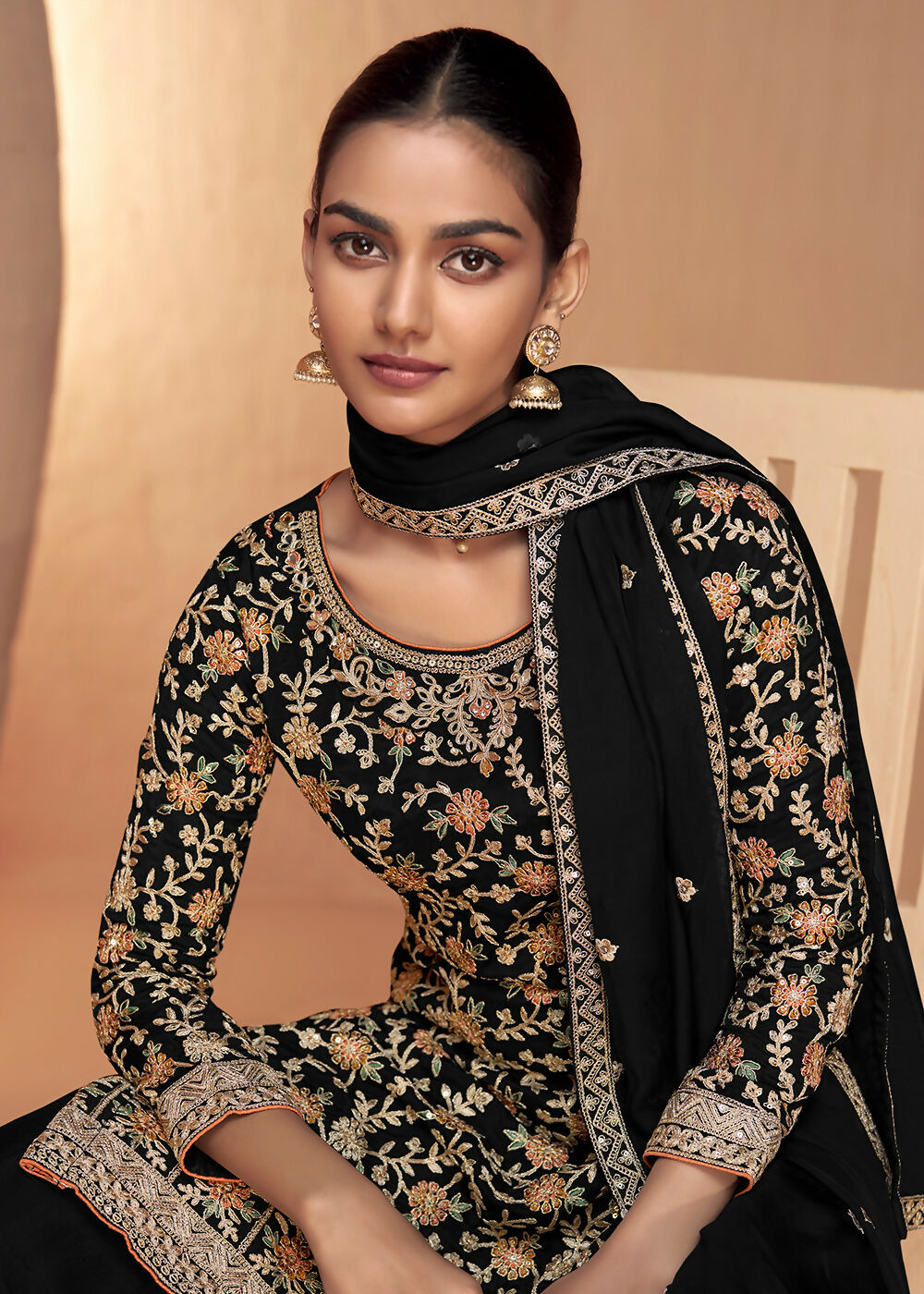 Black Real Chinnon Embroidered Wedding Festive Palazzo Suit - Emponline | Grocsy
