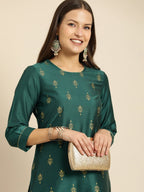 All About You Women Teal Green Ethnic Motifs Kurta with Trousers | Grocsy