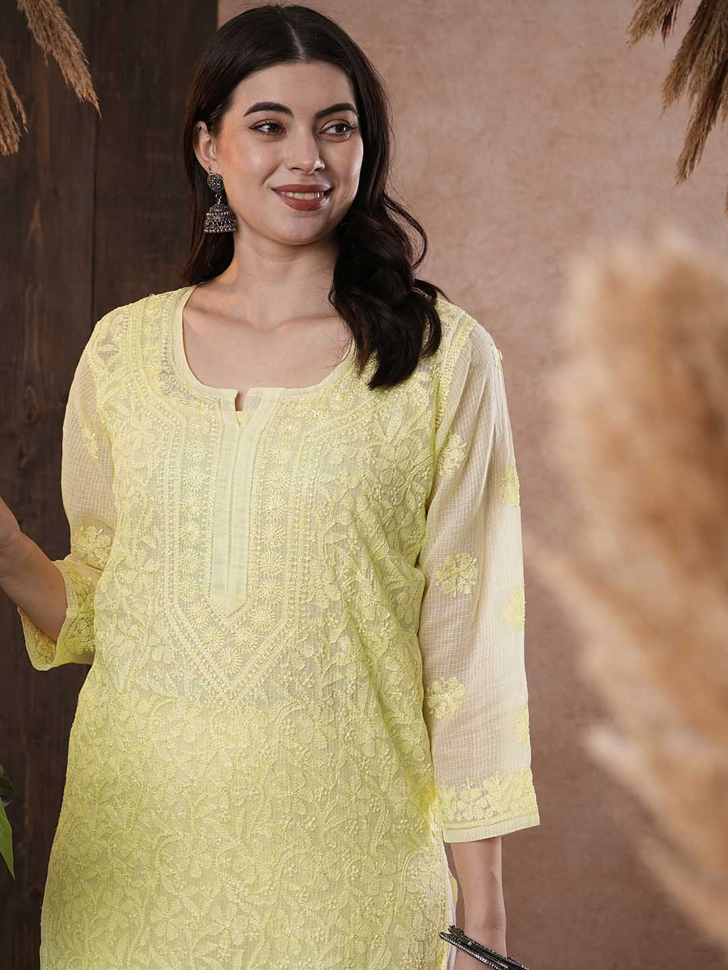 ADA Women Yellow & White Hand Embroidered Chikankari Sustainable Kota Handloom Kurta With Matching Slip | Grocsy