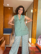 trueBrowns Light Green Bandhani Printed Silk Sleevesless Jacket Pant Set | Grocsy