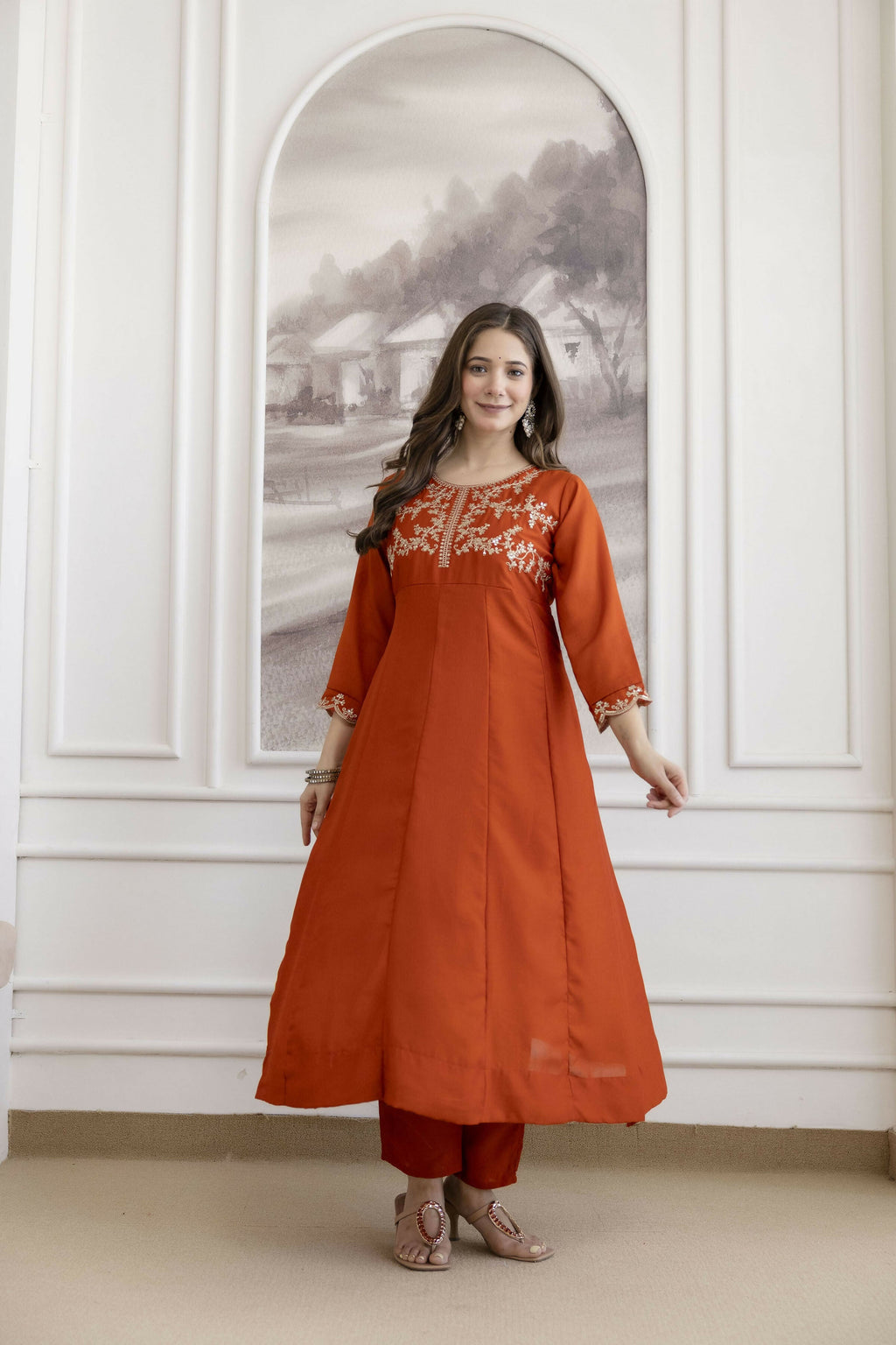 The52 Orange Women's Beautiful Vichitra Silk Fabric Embroidered Work Flared Anarkali Pant and Dupatta Set | Grocsy