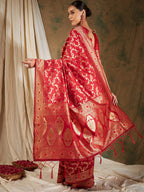 Sangria Red & Gold-Toned Floral Woven Design Zari Banarasi Saree | Grocsy