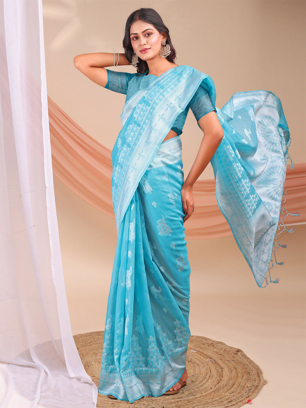 Shree Shyam Fashion Varnika Sky Blue Linen Cotton Saree | Grocsy