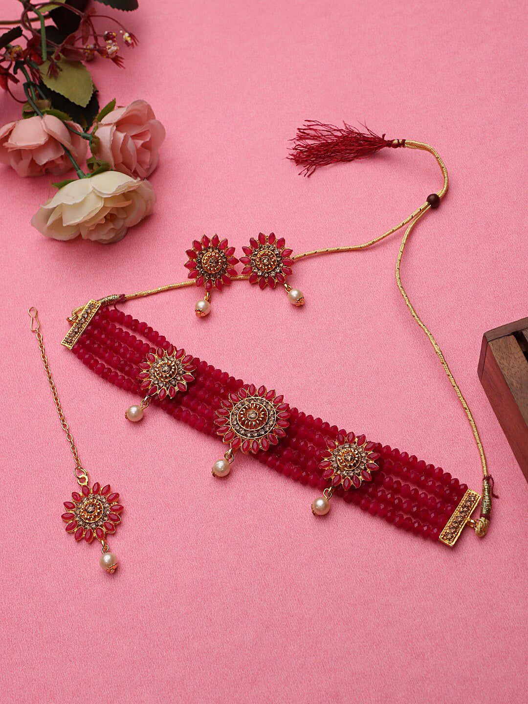 Cardinal Gold-Toned & Pink Onyx-Studded & Beaded Jewellery Set | Grocsy