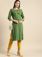 All About You Women Green Ethnic Motifs Printed Kurta with Mustard Yellow Trousers | Grocsy