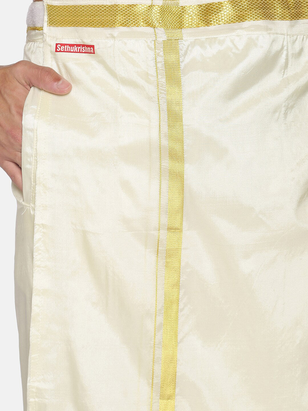 Sethukrishna Men Cream-Coloured Solid Readymade Dhoti | Grocsy