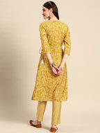 Sangria Women Mustard Yellow Ethnic Motifs Printed Angrakha Gotta Patti Kurta with Trousers | Grocsy