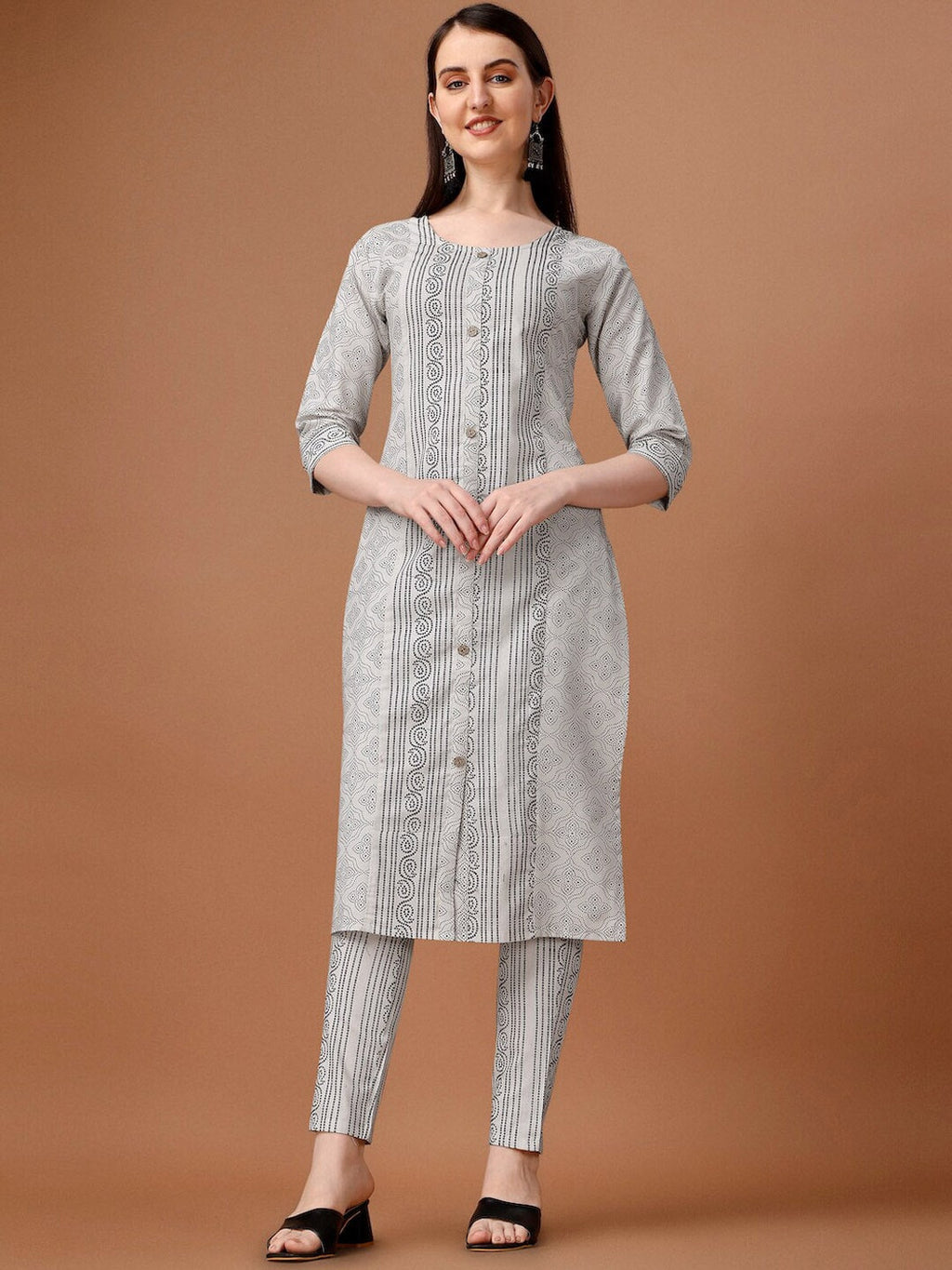 HERE&NOW White & Black Ethnic Motifs Printed Pure Cotton Kurta With Trousers & Dupatta | Grocsy