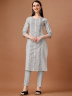 HERE&NOW White & Black Ethnic Motifs Printed Pure Cotton Kurta With Trousers & Dupatta | Grocsy