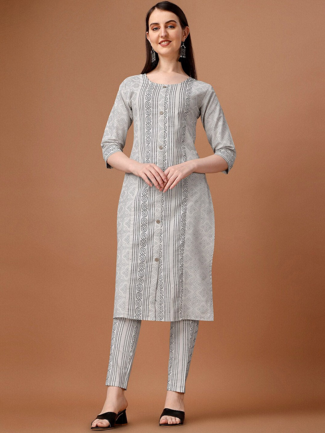 HERE&NOW White & Black Ethnic Motifs Printed Pure Cotton Kurta With Trousers & Dupatta | Grocsy