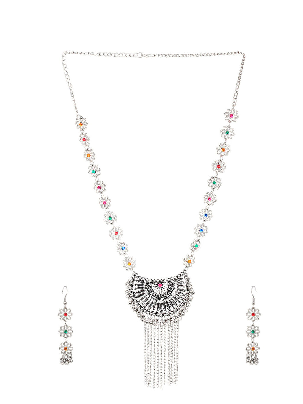 Cardinal Women Silver-Toned Pink & Yellow Stone Studded Jewellery Set | Grocsy