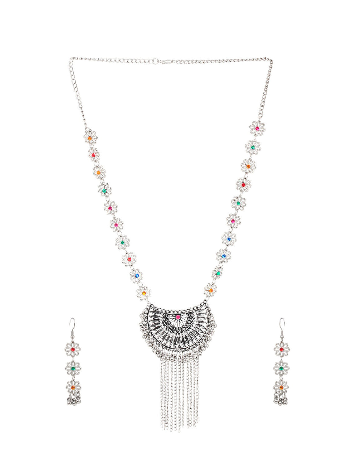 Cardinal Women Silver-Toned Pink & Yellow Stone Studded Jewellery Set | Grocsy
