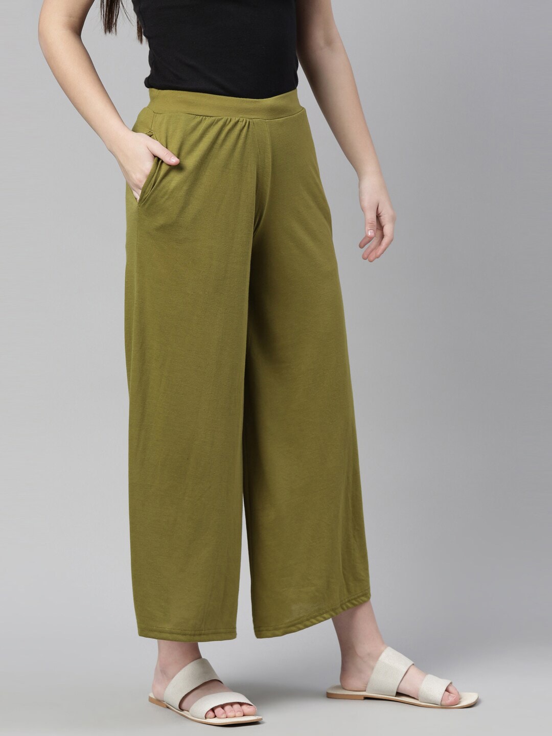 Souchii Olive Green Knitted Ethnic Palazzos | Grocsy