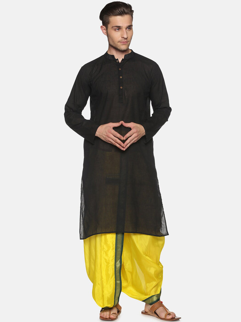 Sethukrishna Men Yellow & Green Solid Readymade Dhoti Pant | Grocsy