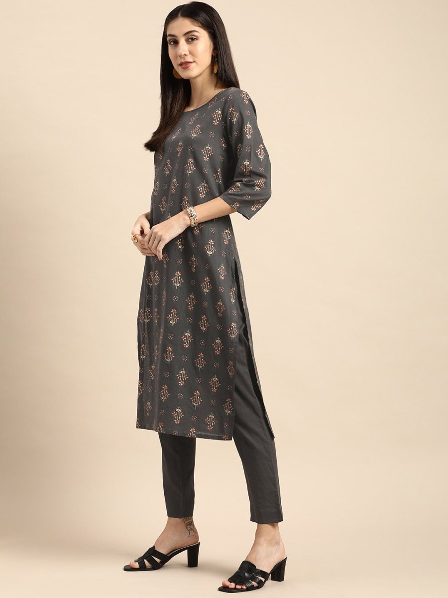 All About You Women Grey Ethnic Motifs Printed Pure Cotton Kurta with Trousers | Grocsy
