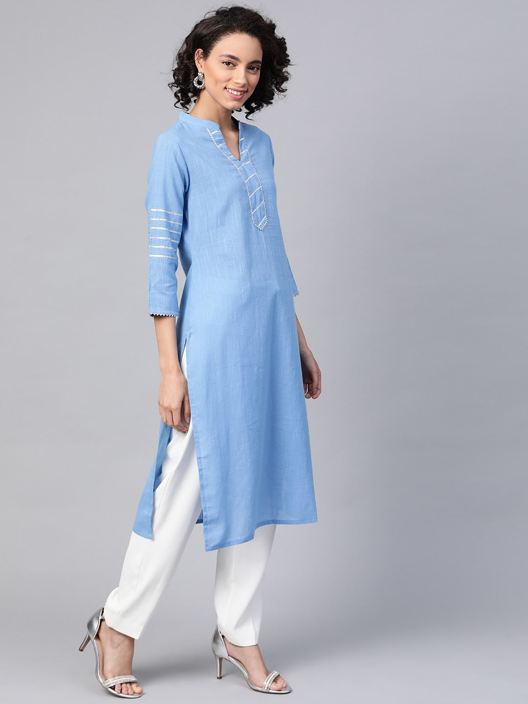 HERE&NOW Women Blue & White Pure Cotton Solid Straight Kurta | Grocsy
