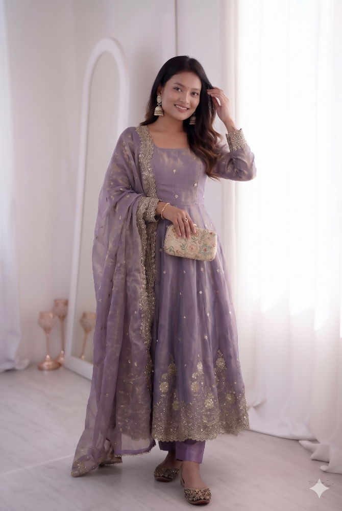 Teeya Creation Womens New Latest Trendy Elegant Lavendar Embroidered Anarkali Suit Set with Scalloped Dupatta | Grocsy