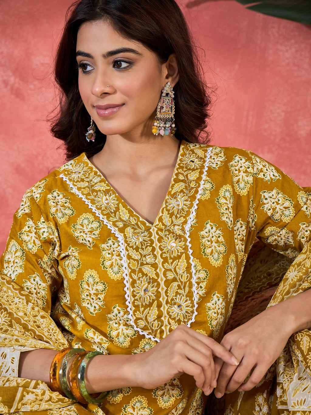 Joban Fashion Printed Mustard Pure Cotton Kurta Set | Grocsy