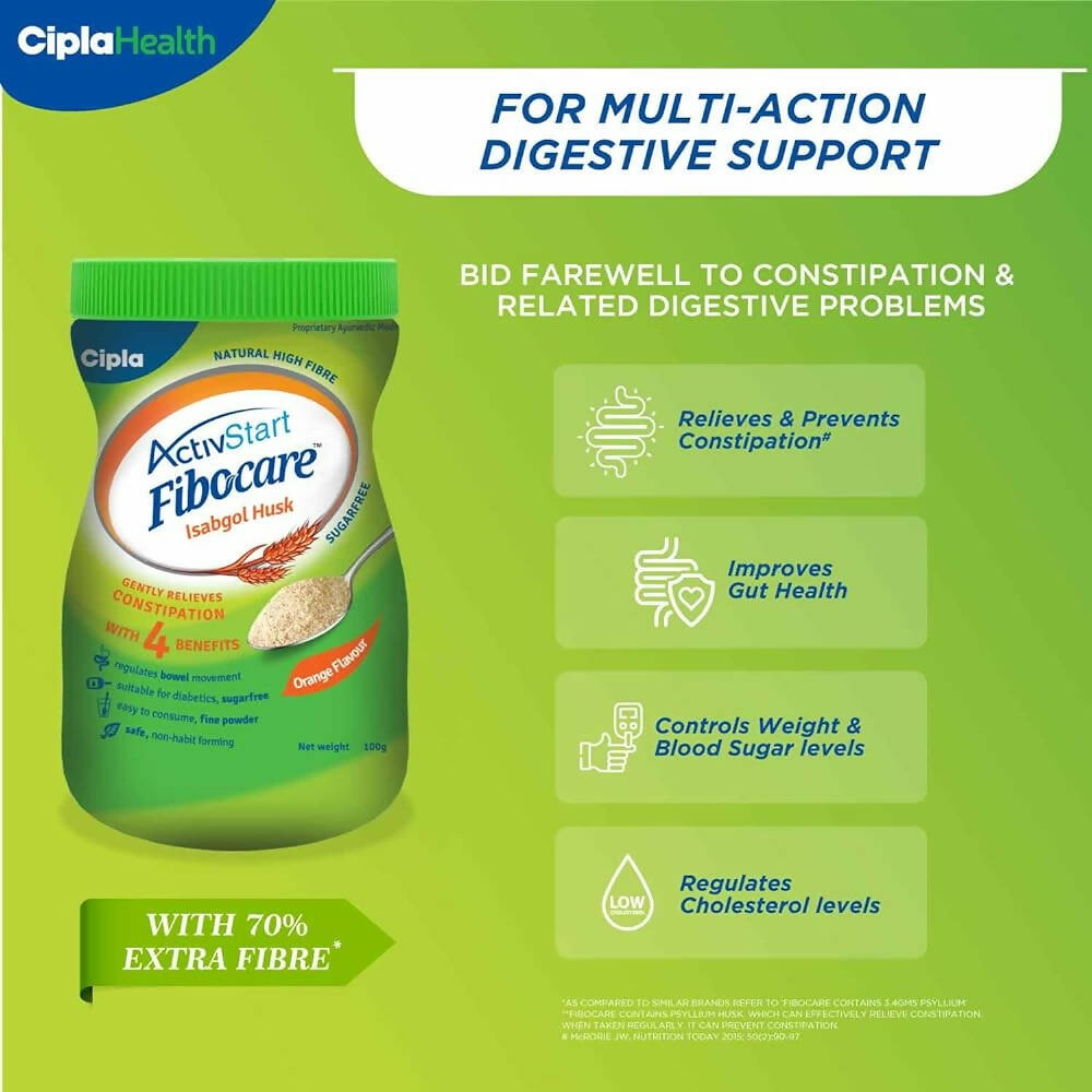 Cipla Fibocare Isabgol Husk Powder | Sugar Free - Orange Flavor | Grocsy