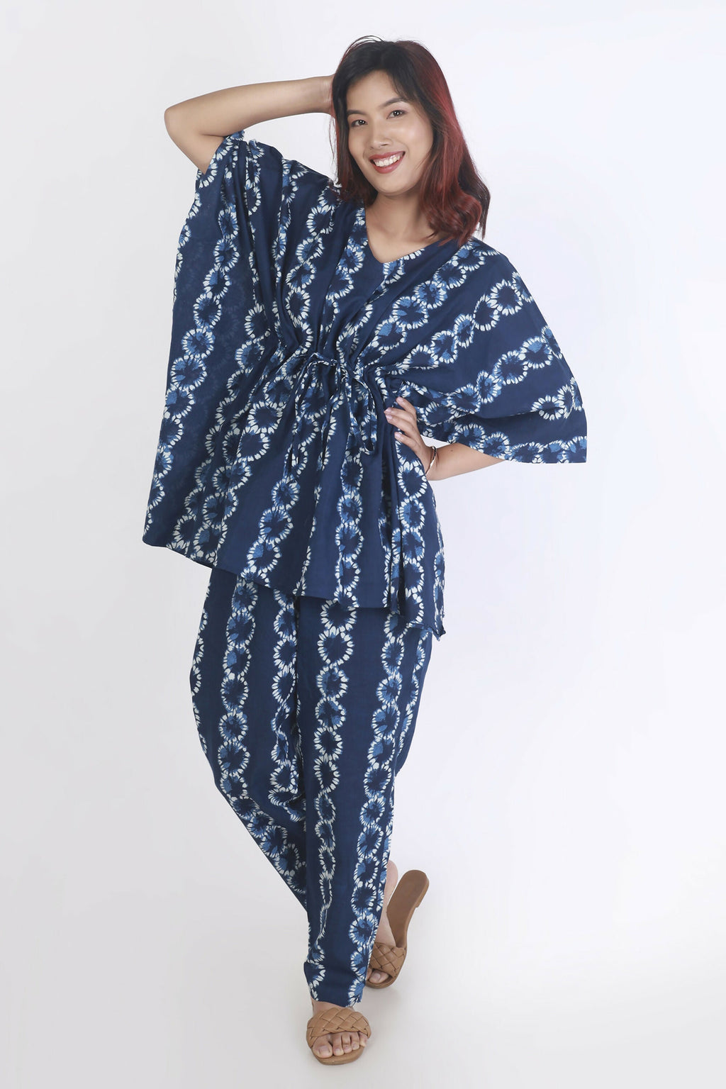Breathables Women’S Loungewear Kaftan Cotton Blue Abstract Print Co-Ord Set | Grocsy