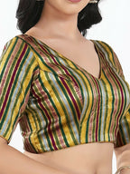 Joban Fashion Green Multi Brocade Padded Blouse With V Neck Elbow Sleeves | Grocsy