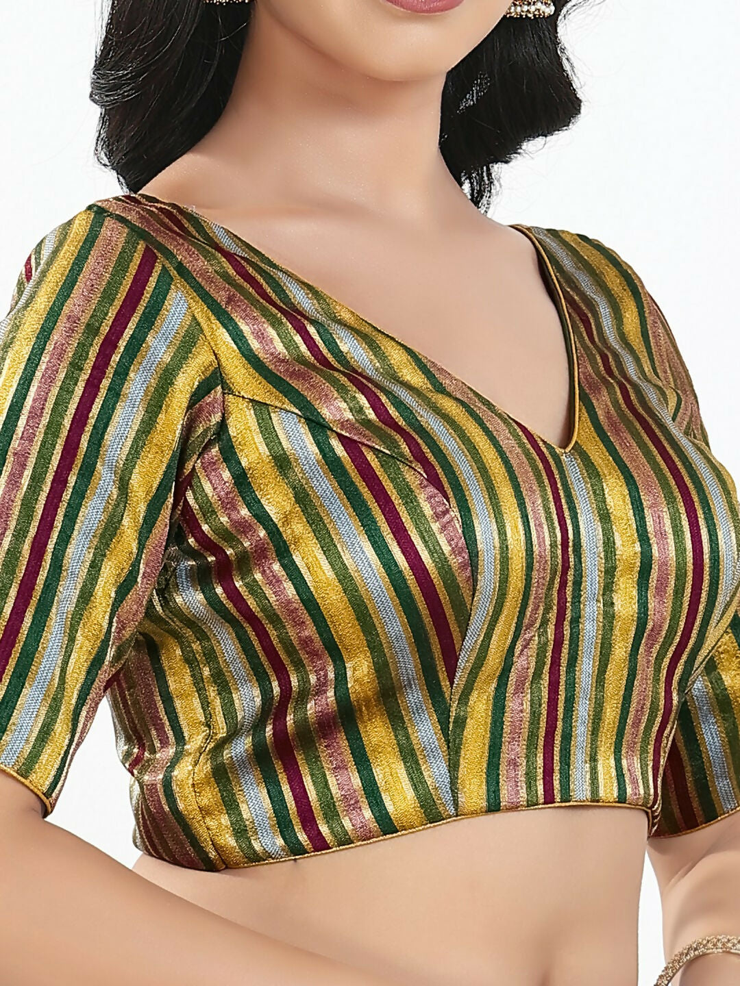 Joban Fashion Green Multi Brocade Padded Blouse With V Neck Elbow Sleeves | Grocsy