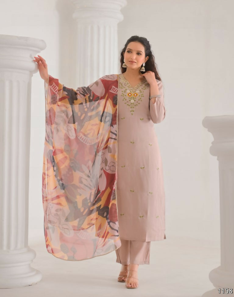 Ethnic Festive Wear Chanderi with Cotton Lining Beige Stitched Suit With Dupatta - Tanisha | Grocsy