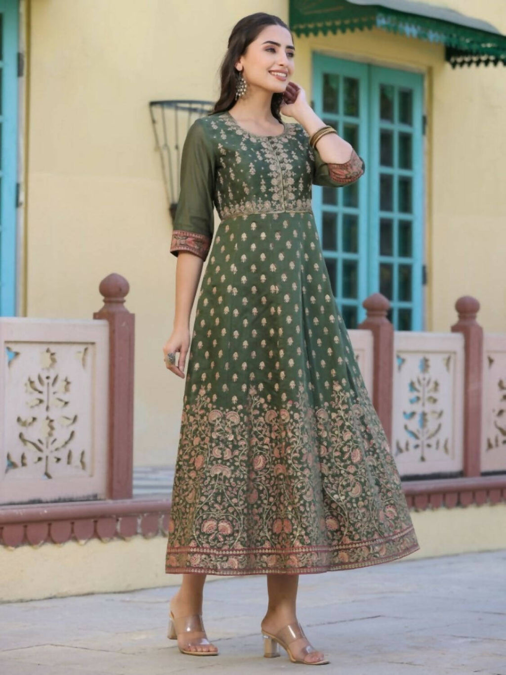 Juniper Women Olive Chanderi Printed Maxi Dress with Embroidered Yoke | Grocsy