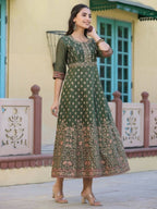Juniper Women Olive Chanderi Printed Maxi Dress with Embroidered Yoke | Grocsy