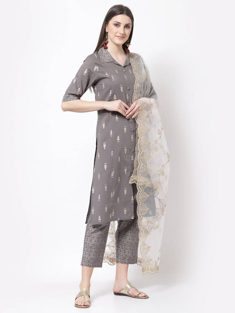 Myshka Grey Color cotton Printed Kurta With Palazzo Dupatta Set | Grocsy