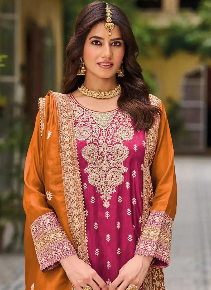 Vegaa Fashion Pink Chinon Silk Embroidered Designer Palazzo Suit | Grocsy