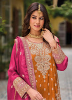 Vegaa Fashion Orange Chinon Silk Embroidered Designer Palazzo Suit | Grocsy