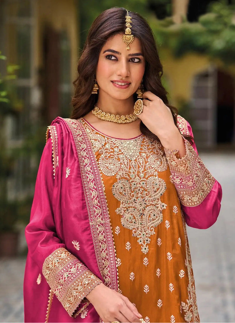 Vegaa Fashion Orange Chinon Silk Embroidered Designer Palazzo Suit | Grocsy