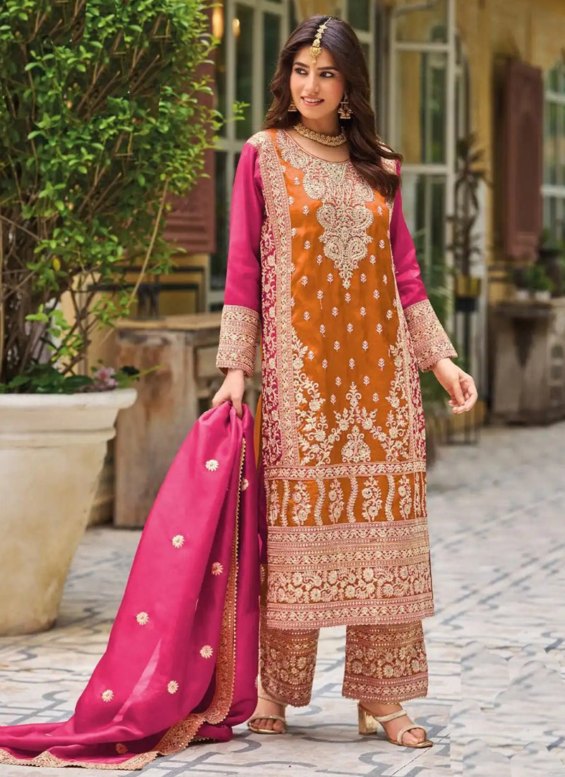 Vegaa Fashion Orange Chinon Silk Embroidered Designer Palazzo Suit | Grocsy