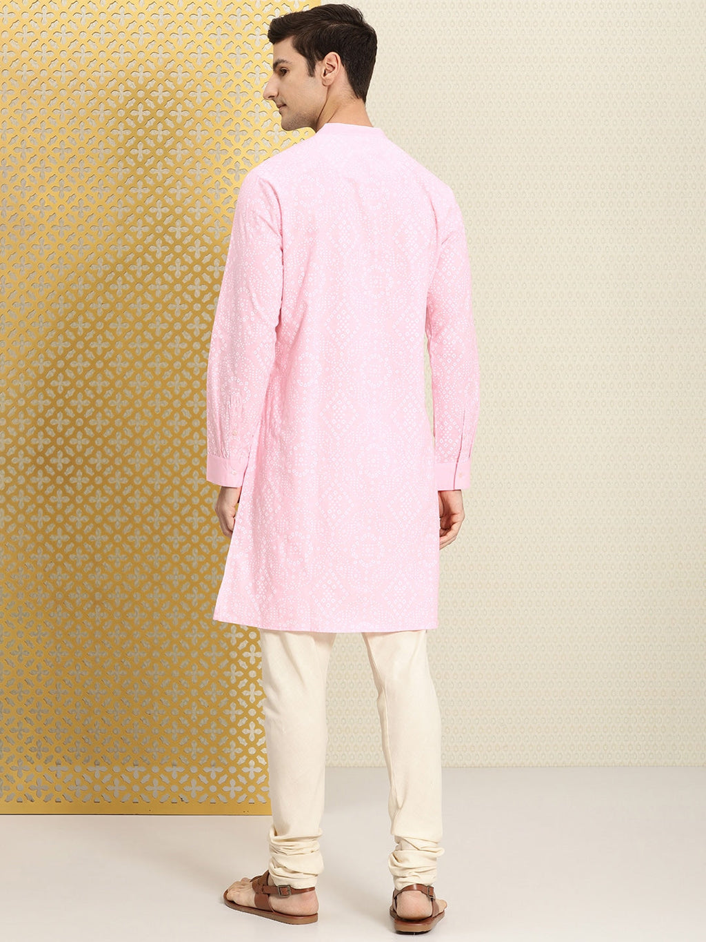 House of Pataudi Men Pink & White Bandhani Printed Pure Cotton Jashn Kurta | Grocsy
