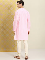 House of Pataudi Men Pink & White Bandhani Printed Pure Cotton Jashn Kurta | Grocsy