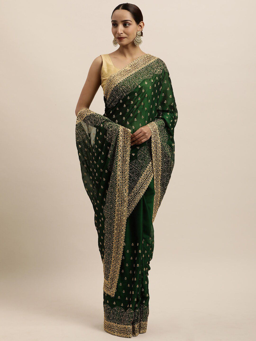 kasee Green & Gold-Toned Floral Embroidered Art Silk Saree | Grocsy