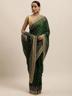 kasee Green & Gold-Toned Floral Embroidered Art Silk Saree | Grocsy
