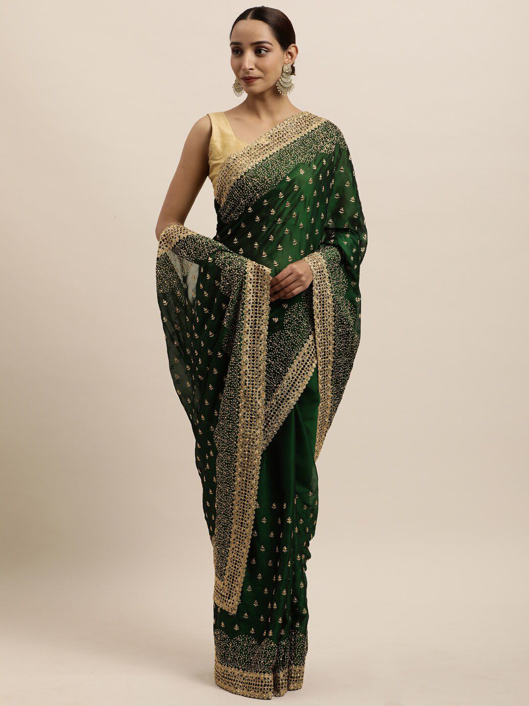 kasee Green & Gold-Toned Floral Embroidered Art Silk Saree | Grocsy