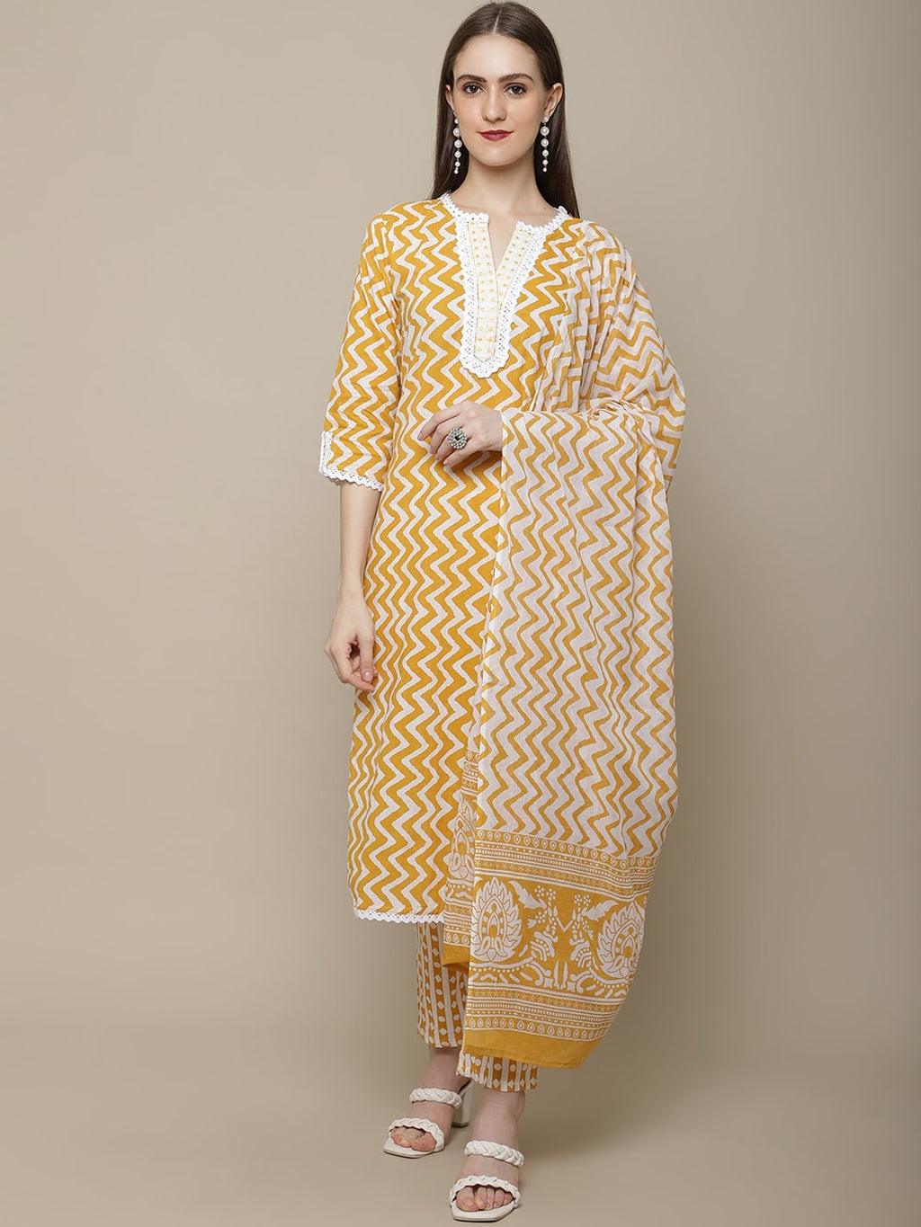 Sangria Women Yellow Printed Pure Cotton Kurti with Trousers & Dupatta Set | Grocsy