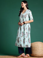 Sangria Floral Print Pleated Empire Kurta | Grocsy