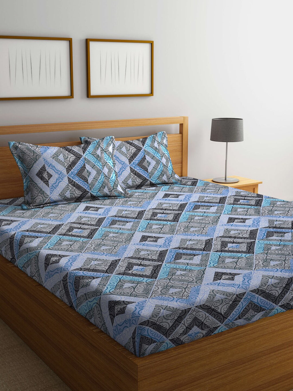 BOMBAY DYEING Epigram Blue & Grey Ethnic Cotton 120 TC Queen Bedsheet With 2 Pillow Covers | Grocsy