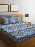 BOMBAY DYEING Epigram Blue & Grey Ethnic Cotton 120 TC Queen Bedsheet With 2 Pillow Covers | Grocsy