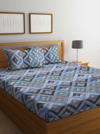 BOMBAY DYEING Epigram Blue & Grey Ethnic Cotton 120 TC Queen Bedsheet With 2 Pillow Covers | Grocsy