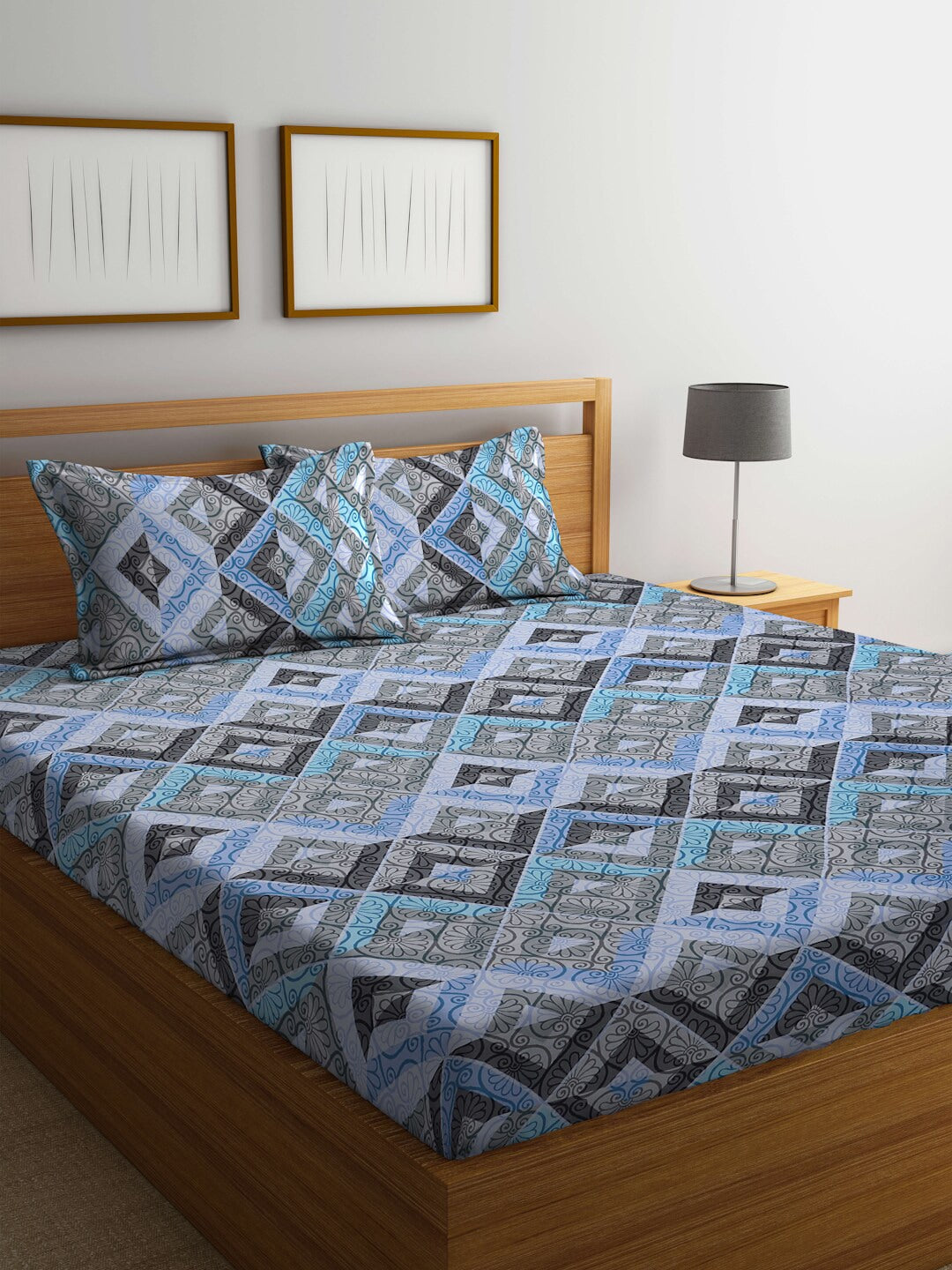 BOMBAY DYEING Epigram Blue & Grey Ethnic Cotton 120 TC Queen Bedsheet With 2 Pillow Covers | Grocsy